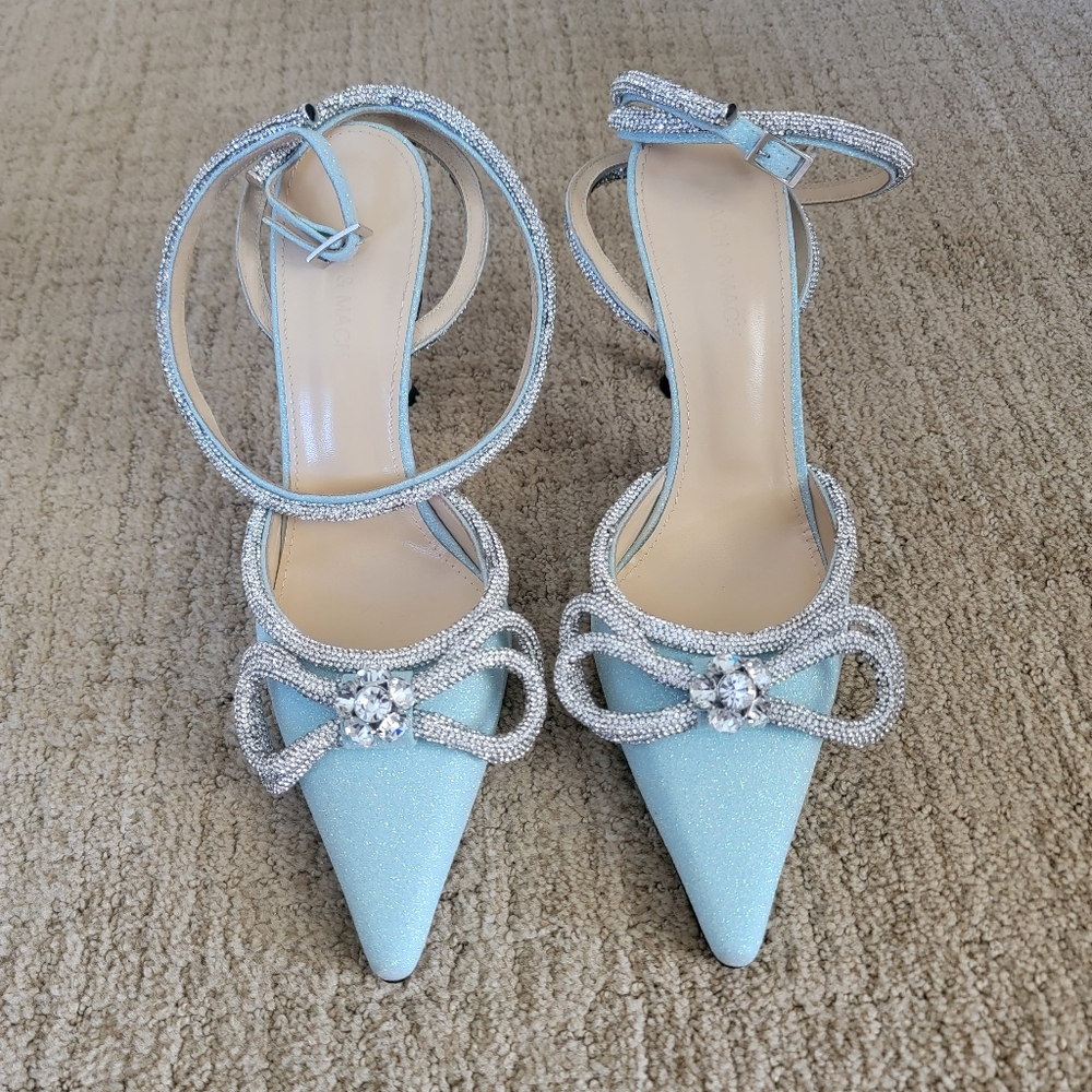 MACH & MACH Glitter Double Crystal Bow Pointed Toe Pump in Baby Blue, Size 40